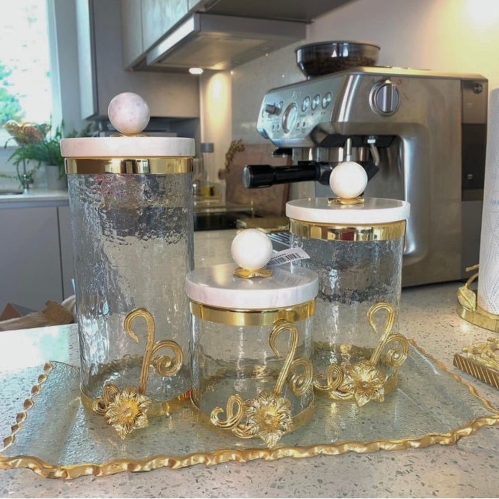 3 Medium Glass Canister with Gold Design and Marble Lid